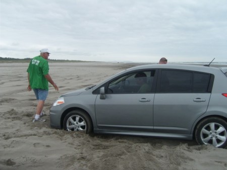 Don't drive on the beach. Might not be some old Idaho guy to round up a crew to help push you out.